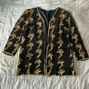 Vintage silk sequined beaded black and gold jacket large